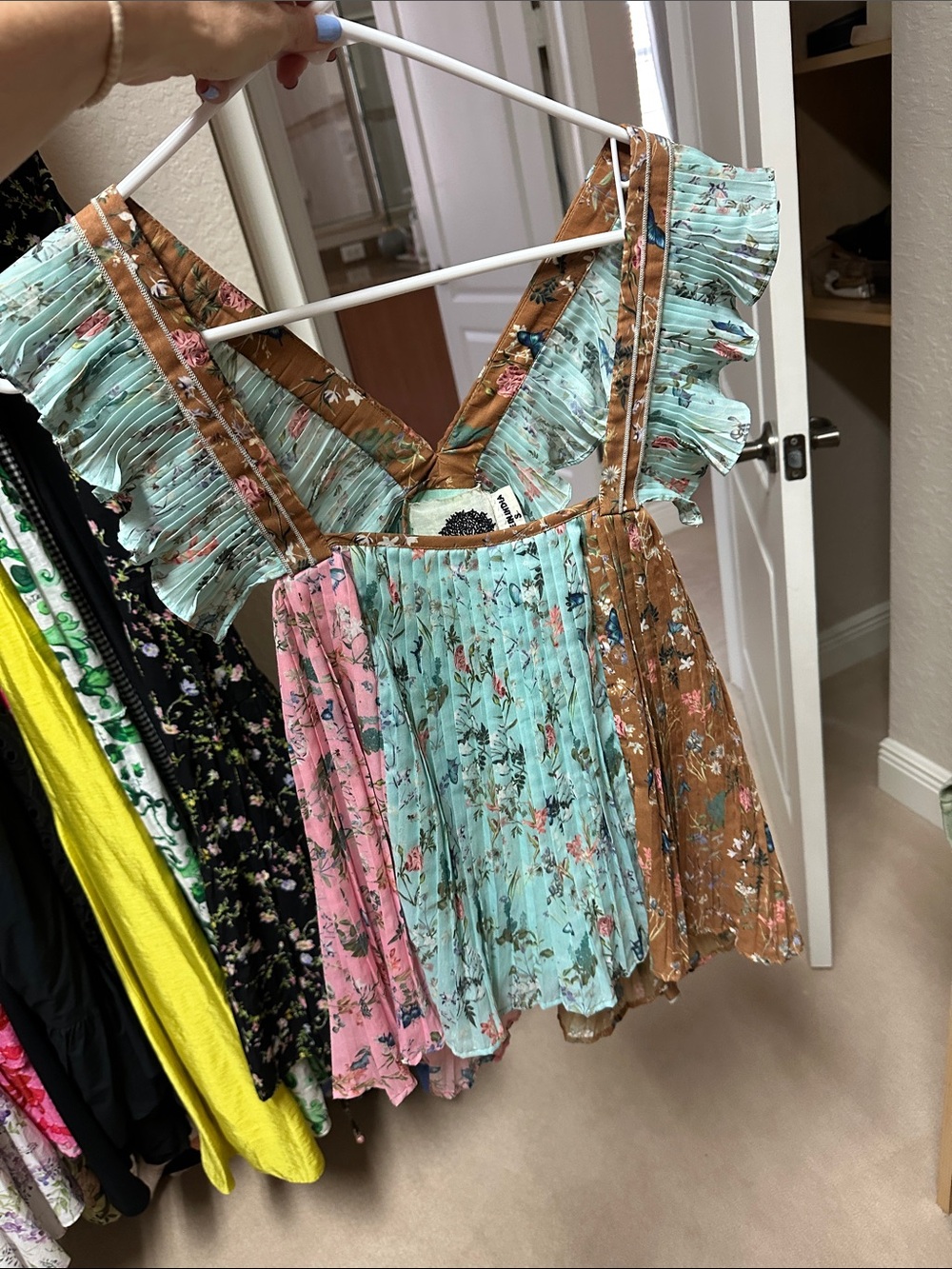 Floral Ruffle Pleated Tank Top - Mixed Pastel
